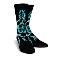 Hawaiian Turtle And Hibiscus Polynesian Crew Socks Turquoise - AH - Polynesian Pride