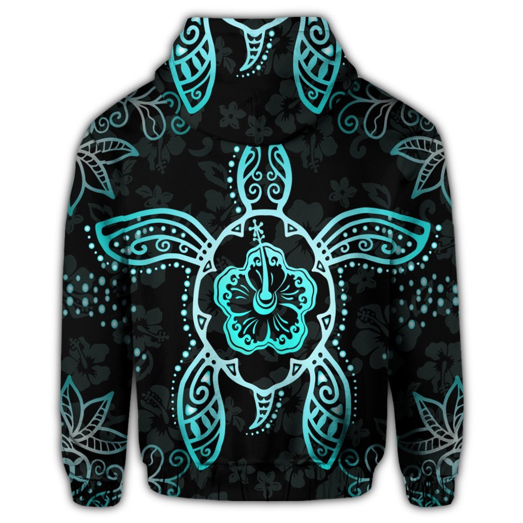 Hawaiian Turtle and Hibiscus Polynesian Zip Hoodie Turquoise - Polynesian Pride