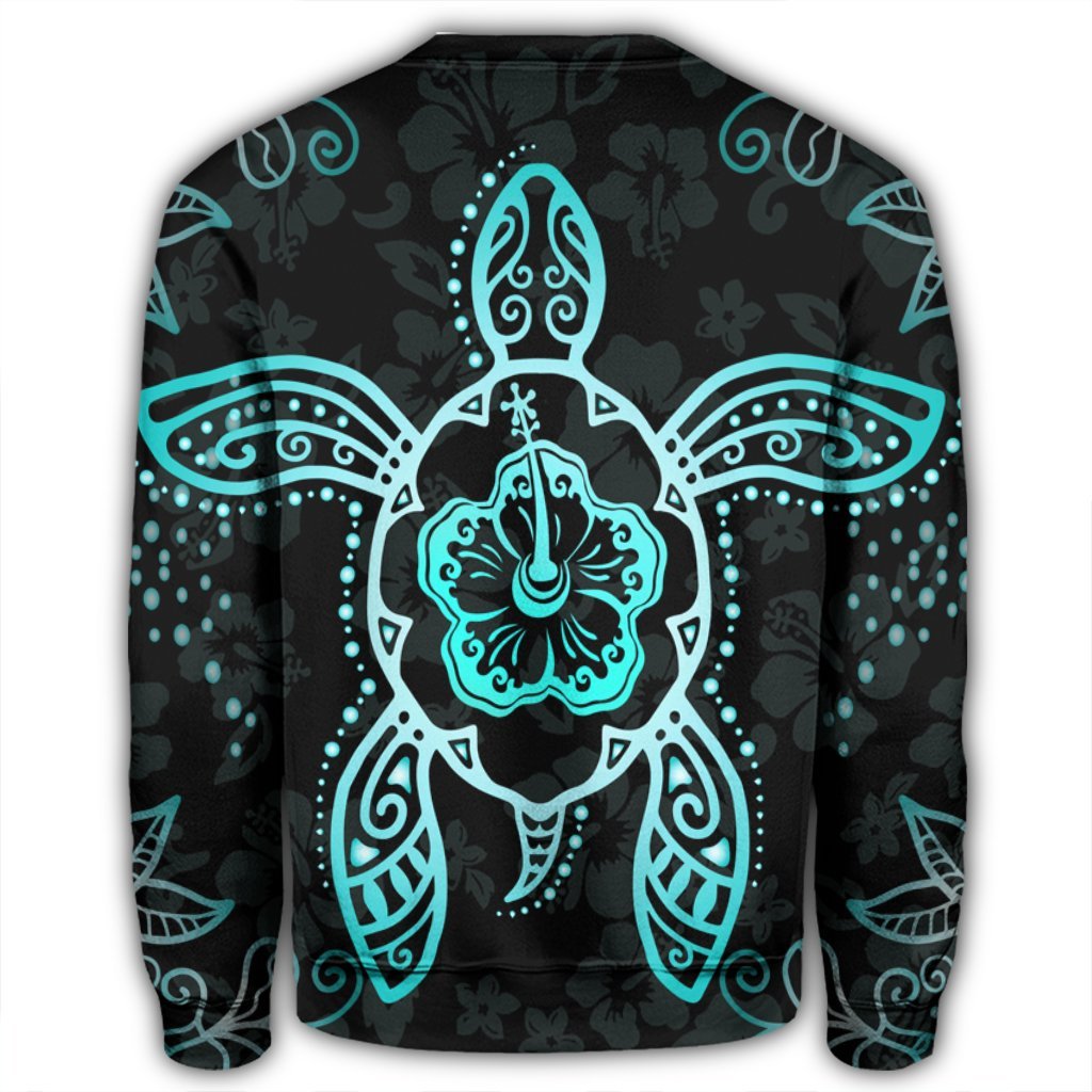 Hawaiian Turtle And Hibiscus Polynesian Sweatshirt Turquoise - AH - Polynesian Pride