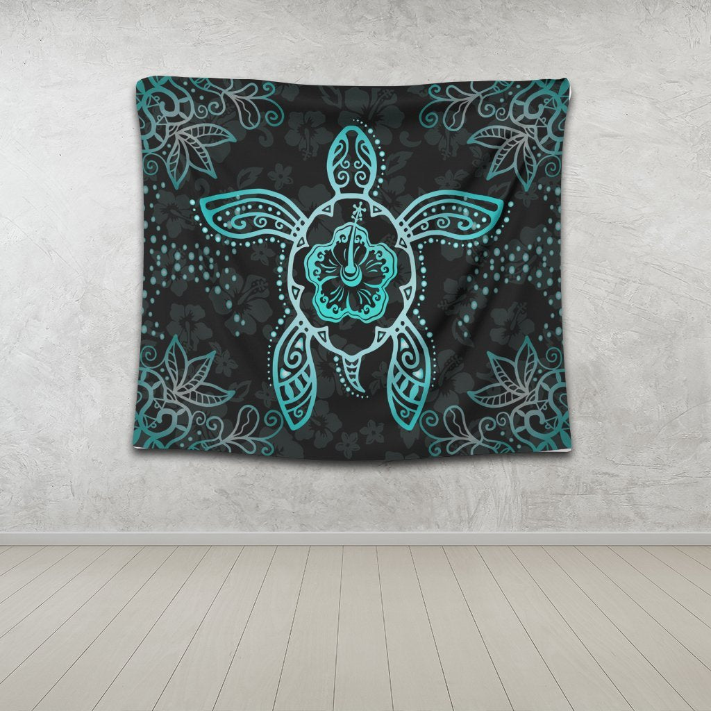 Hawaiian Turtle And Hibiscus Polynesian Tapestry Turquoise - AH - Polynesian Pride