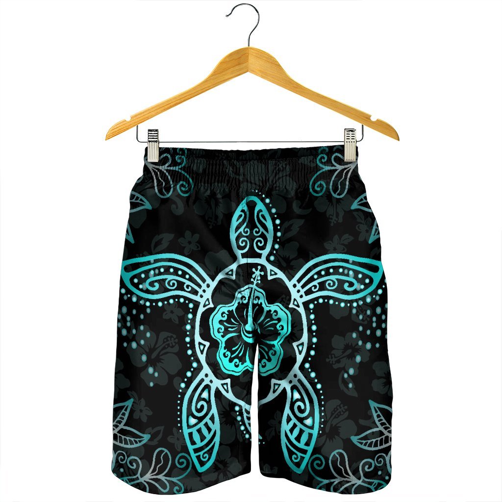 Hawaiian Turtle And Hibiscus Polynesian Men's Shorts Turquoise - AH - Polynesian Pride