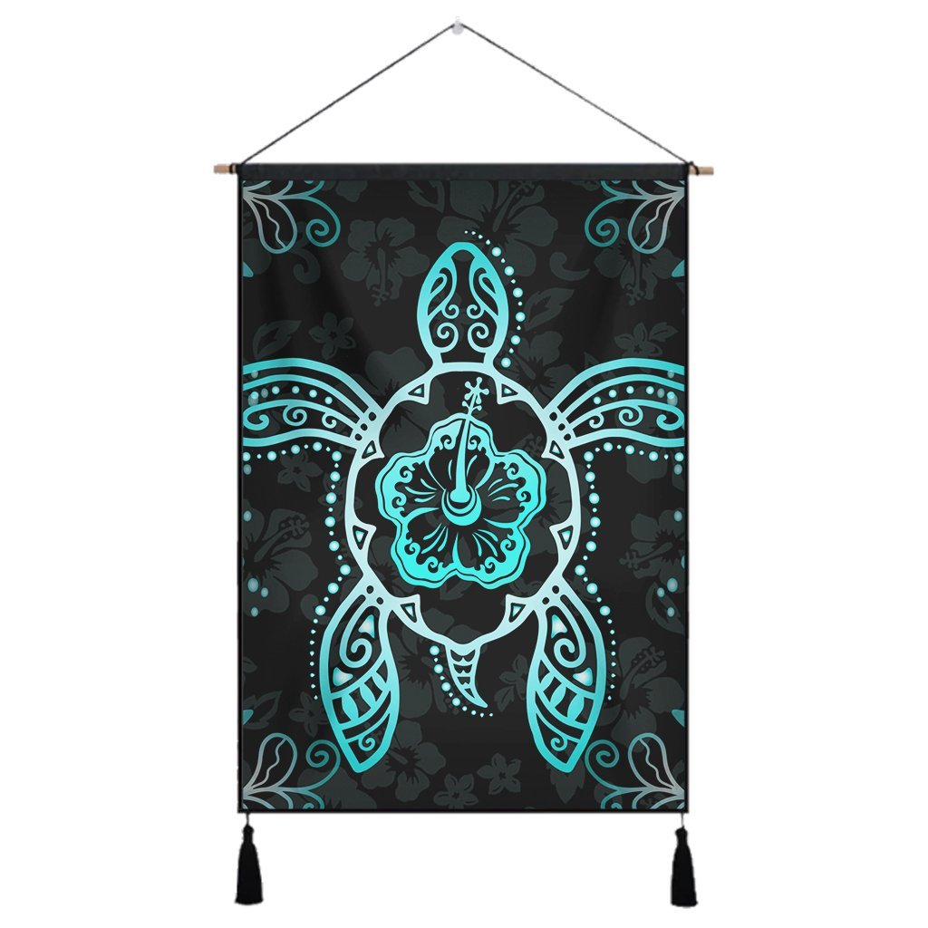 Hawaiian Turtle And Hibiscus Polynesian Hanging Poster Turquoise - AH Hanging Poster Cotton And Linen - Polynesian Pride
