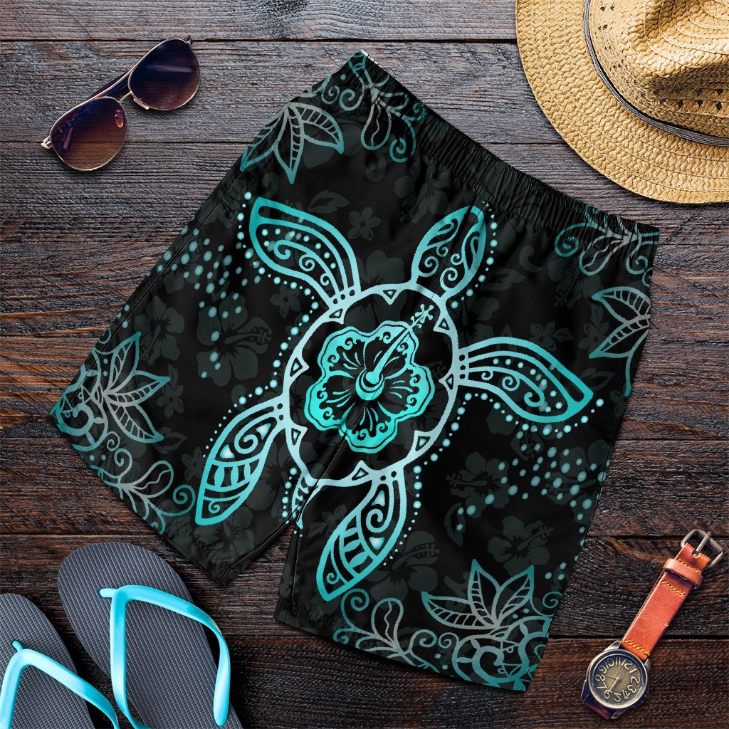 Hawaiian Turtle And Hibiscus Polynesian Men's Shorts Turquoise - AH Art - Polynesian Pride