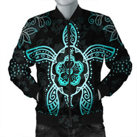 Hawaiian Turtle And Hibiscus Polynesian Bomber Jacket Turquoise - AH Black Unisex - Polynesian Pride