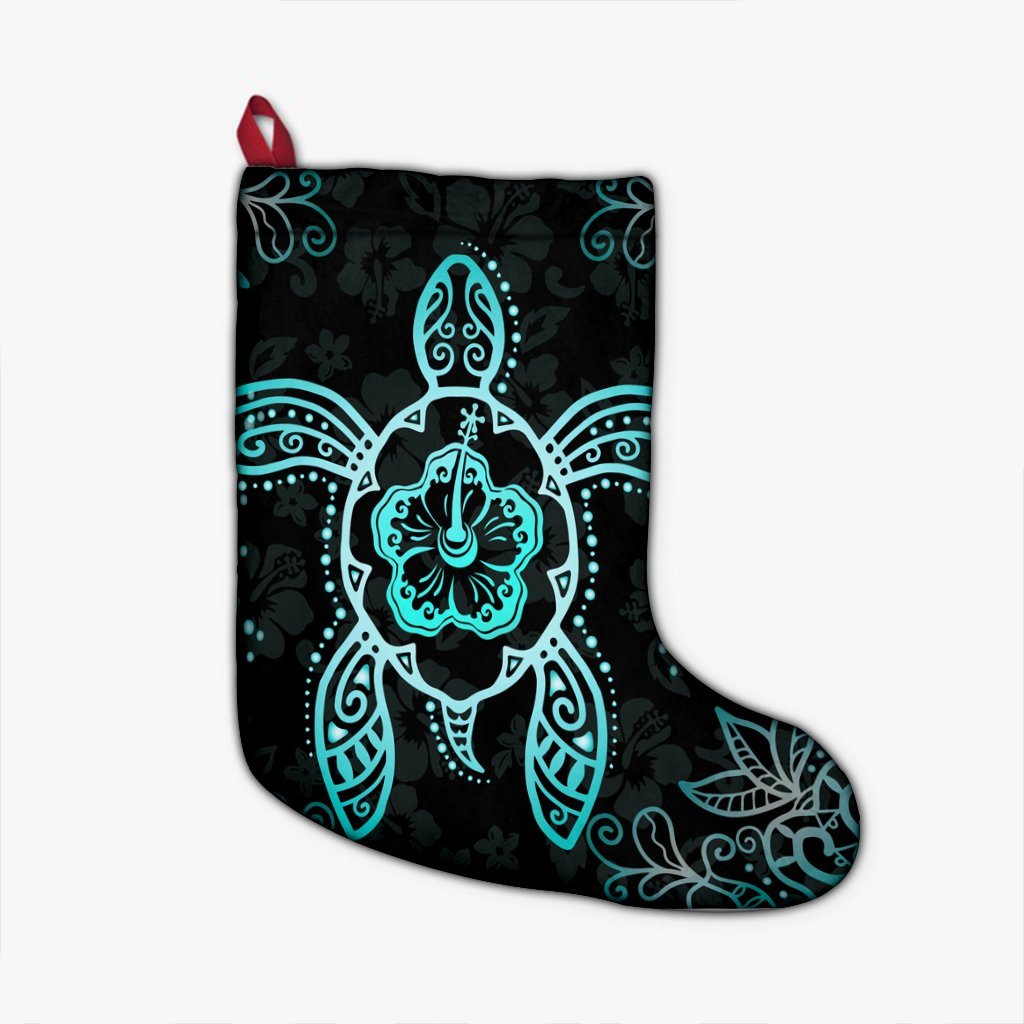 Hawaiian Turtle And Hibiscus Polynesian Christmas Stocking Turquoise - AH Christmas Stocking 26 X 42 cm Black - Polynesian Pride