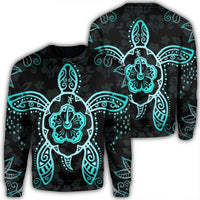 Hawaiian Turtle And Hibiscus Polynesian Sweatshirt Turquoise - AH Unisex Black - Polynesian Pride