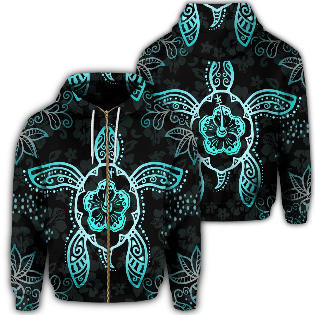 Hawaiian Turtle and Hibiscus Polynesian Zip Hoodie Turquoise Unisex Art - Polynesian Pride