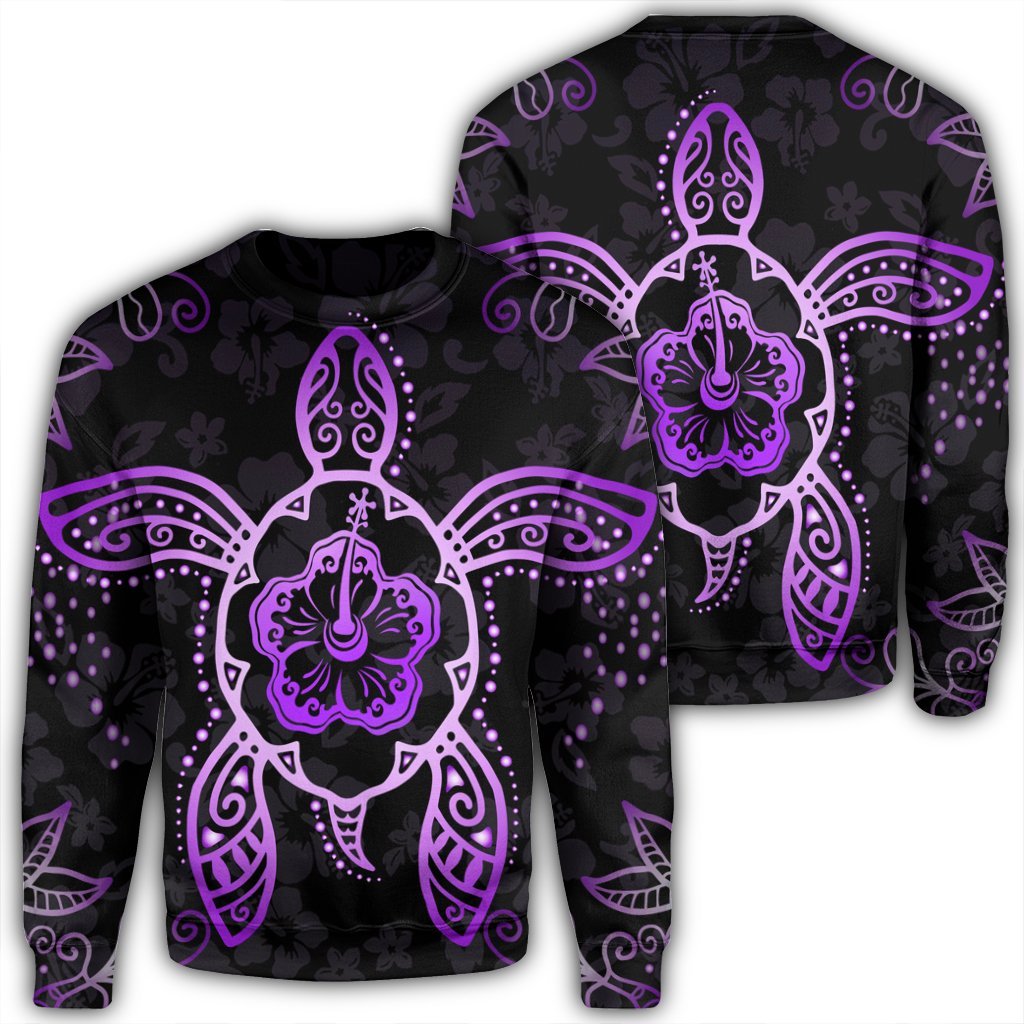 Hawaiian Turtle And Hibiscus Polynesian Sweatshirt Violet - AH Unisex Black - Polynesian Pride