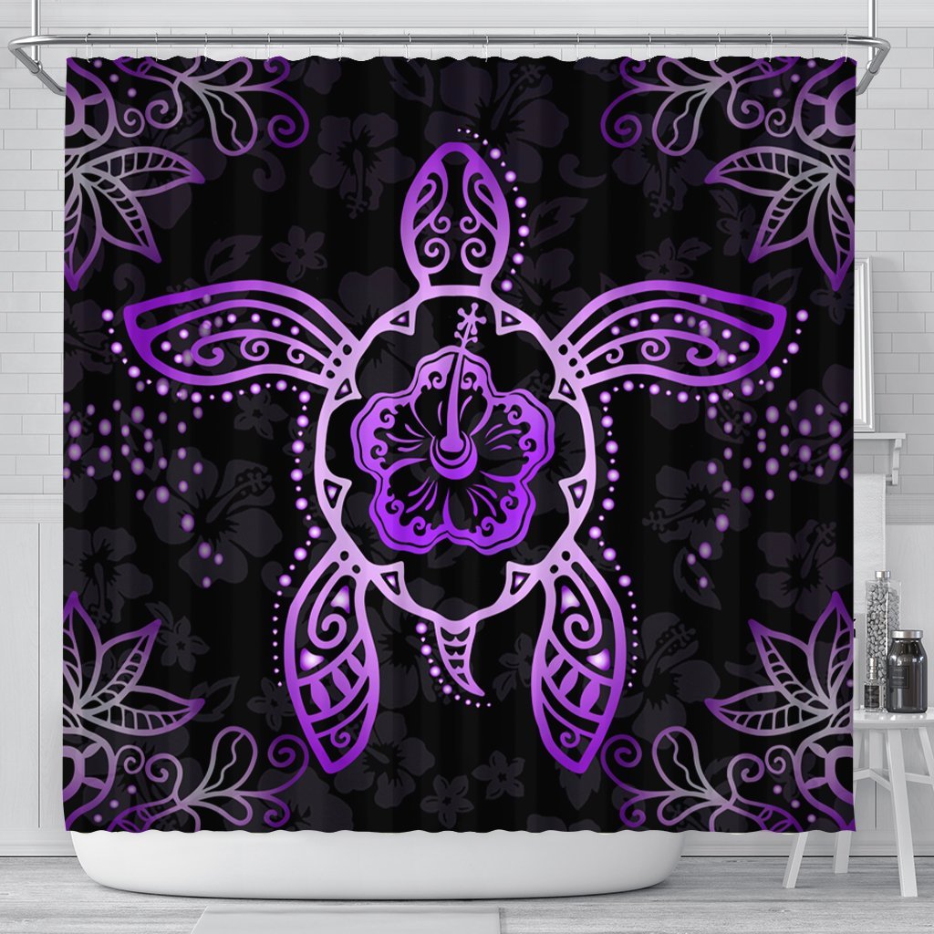 Hawaiian Turtle And Hibiscus Polynesian Shower Curtain Violet - AH 177 x 172 (cm) Black - Polynesian Pride