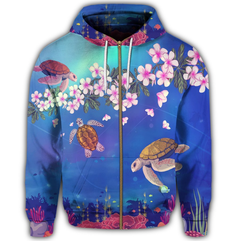 Hawaiian Turtle and Plumeria Pattern Polynesian Zip Hoodie - Polynesian Pride