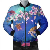 Hawaiian Turtle And Plumeria Pattern Polynesian Bomber Jacket - AH Black Unisex - Polynesian Pride