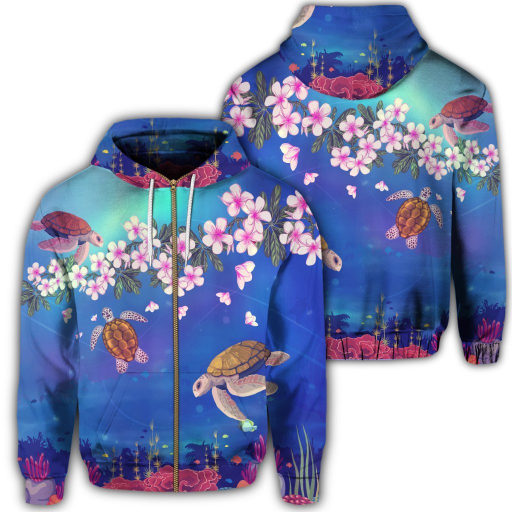 Hawaiian Turtle and Plumeria Pattern Polynesian Zip Hoodie Unisex Art - Polynesian Pride