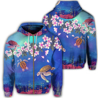 Hawaiian Turtle and Plumeria Pattern Polynesian Zip Hoodie Unisex Art - Polynesian Pride