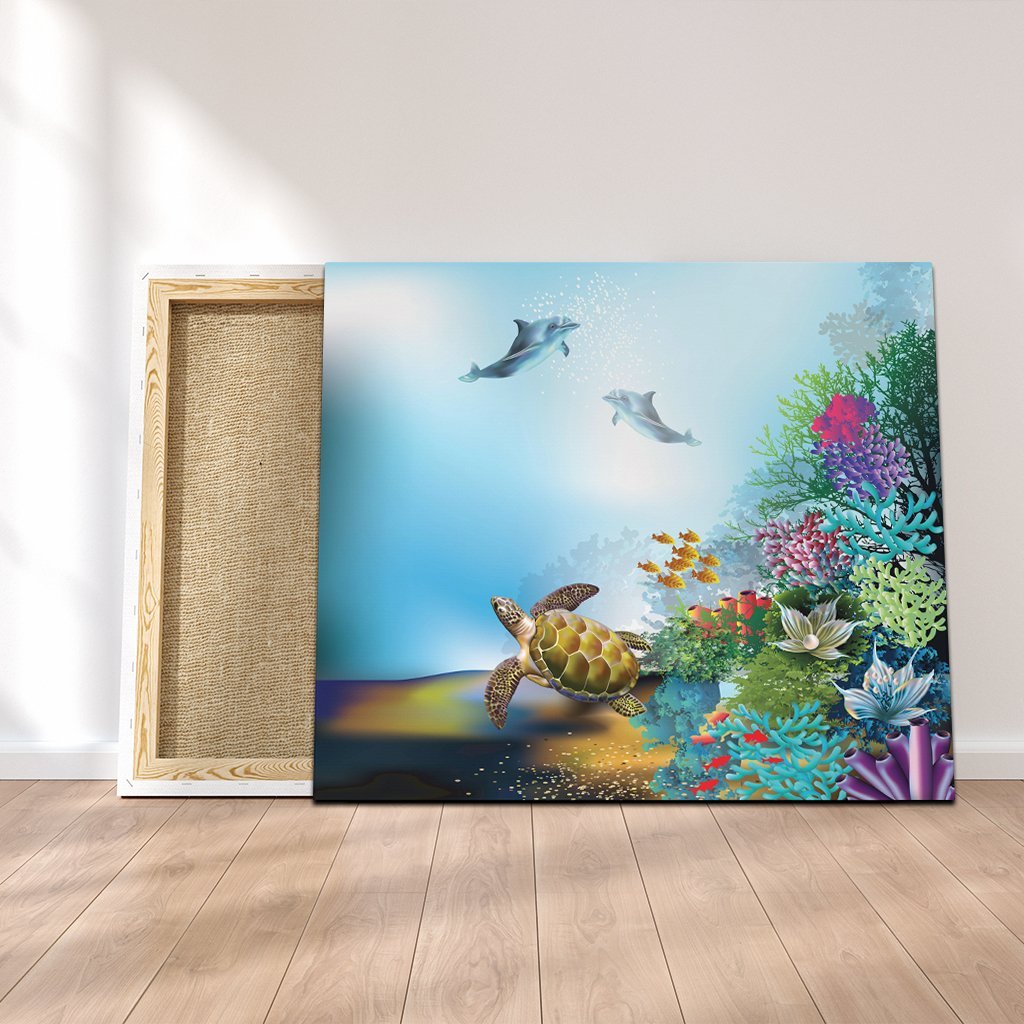 Hawaiian Turtle Dolphin In The Ocean Polynesian Canvas - AH Canvas Poly-cotton - Polynesian Pride