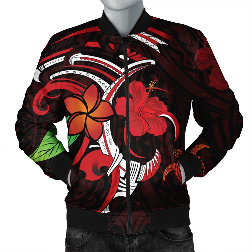 Hawaiian Turtle Hibiscus And Plumeria Flower Polynesian Bomber Jacket - AH Black Unisex - Polynesian Pride