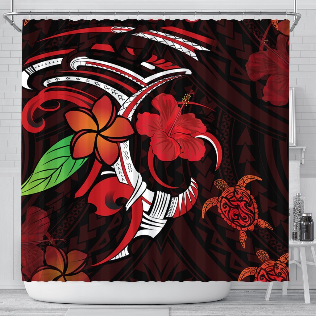 Hawaiian Turtle Hibiscus And Plumeria Flower Polynesian Shower Curtain - AH 177 x 172 (cm) Black - Polynesian Pride