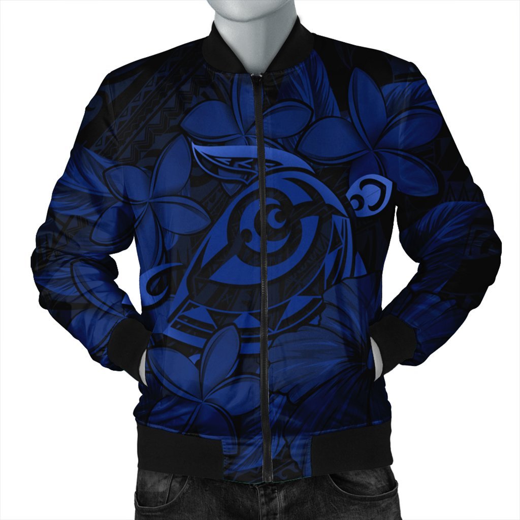 Hawaiian Turtle Hibiscus Plumeria Kanaka Polynesian Bomber Jacket Blue - Soft Style - AH Black Unisex - Polynesian Pride