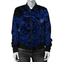 Hawaiian Turtle Hibiscus Plumeria Kanaka Polynesian Bomber Jacket Blue - Soft Style - AH - Polynesian Pride