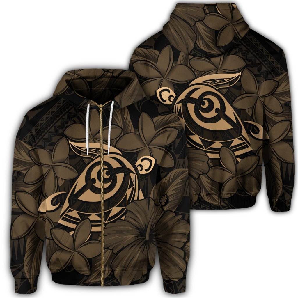 Hawaiian Turtle Hibiscus Plumeria Kanaka Polynesian Zip Hoodie Gold Soft Style Unisex Art - Polynesian Pride