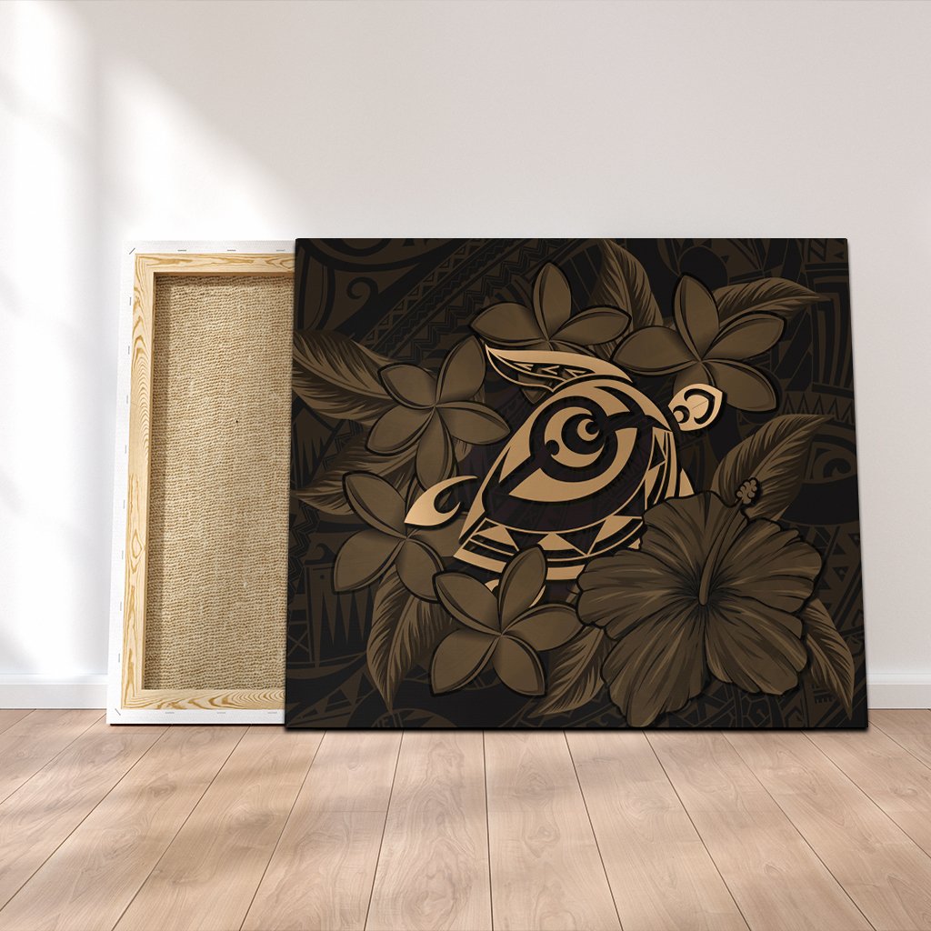 Hawaiian Turtle Hibiscus Plumeria Kanaka Polynesian Canvas Gold - Soft Style - AH Canvas Poly-cotton - Polynesian Pride