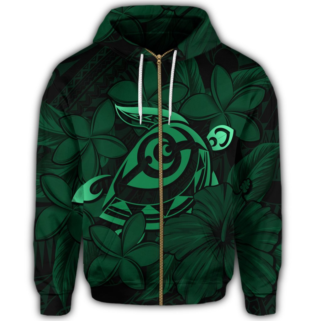 Hawaiian Turtle Hibiscus Plumeria Kanaka Polynesian Zip Hoodie Green Soft Style - Polynesian Pride