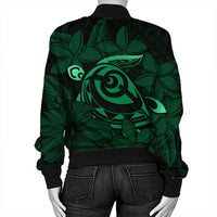 Hawaiian Turtle Hibiscus Plumeria Kanaka Polynesian Bomber Jacket Green - Soft Style - AH - Polynesian Pride