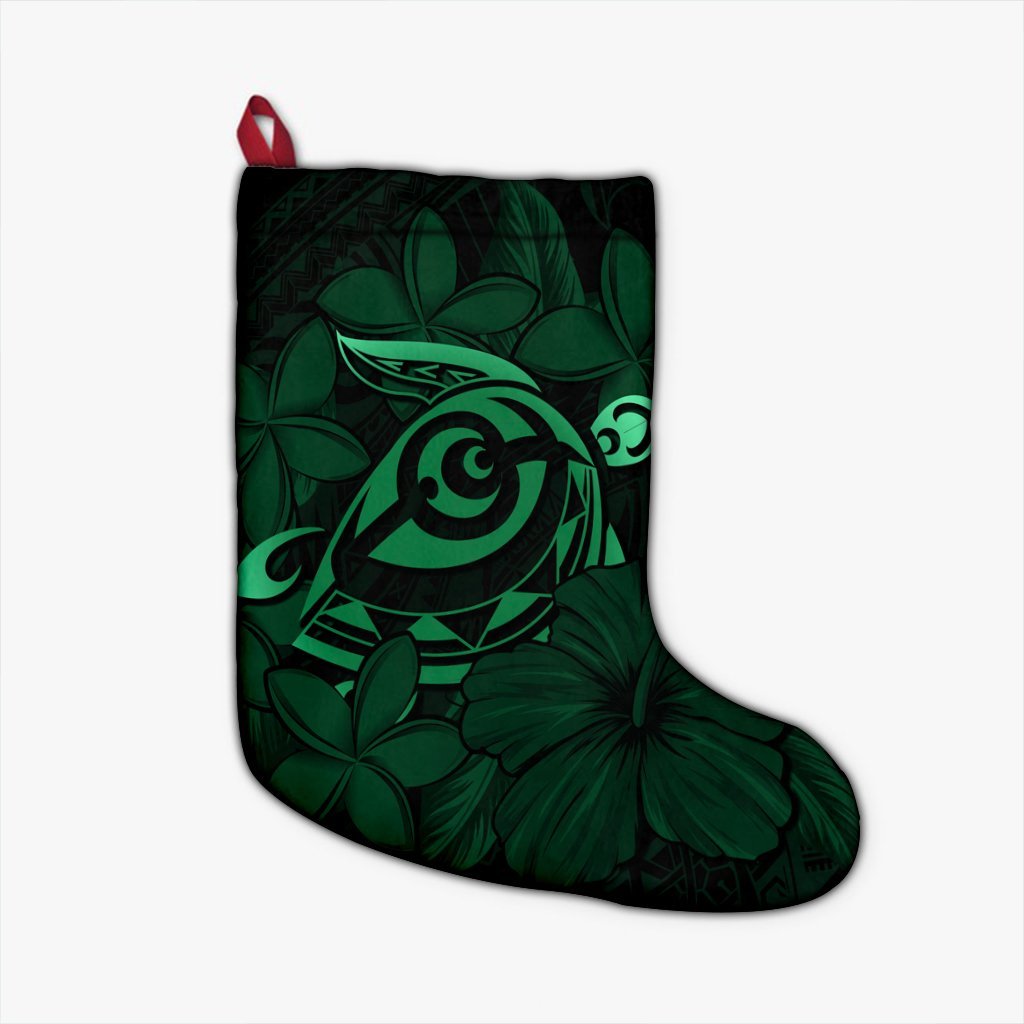 Hawaiian Turtle Hibiscus Plumeria Kanaka Polynesian Christmas Stocking Green - Soft Style - AH Christmas Stocking 26 X 42 cm Black - Polynesian Pride