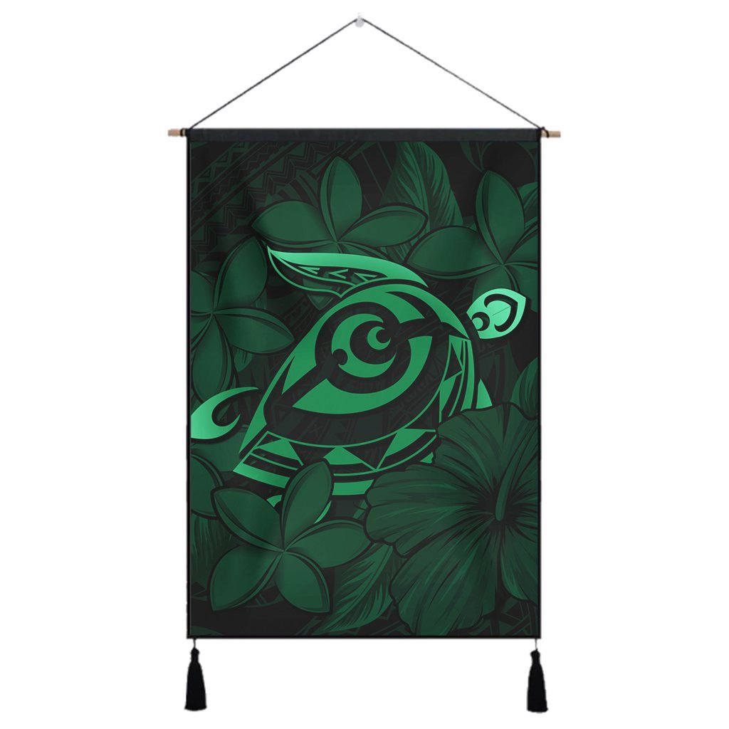 Hawaiian Turtle Hibiscus Plumeria Kanaka Polynesian Hanging Poster Green - Soft Style - AH Hanging Poster Cotton And Linen - Polynesian Pride