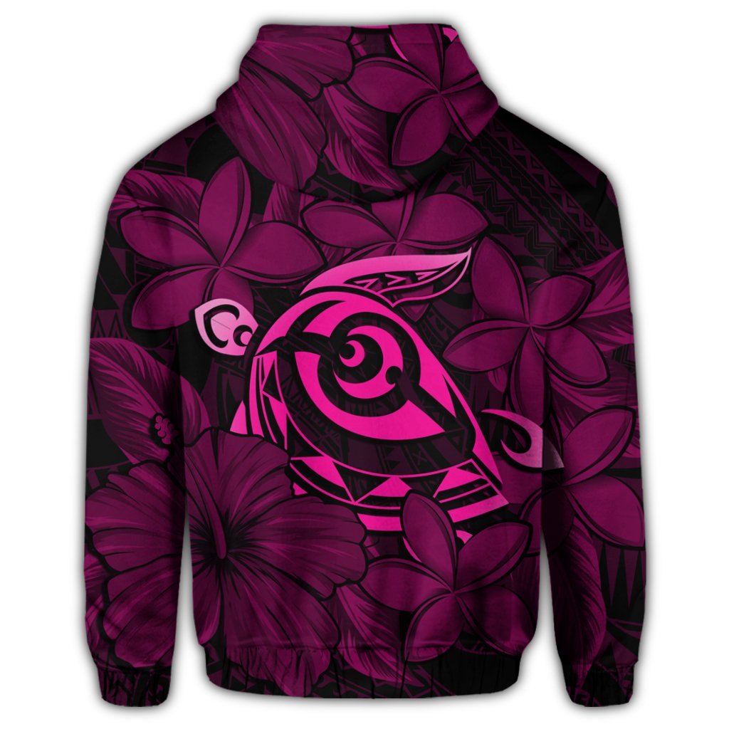 Hawaiian Turtle Hibiscus Plumeria Kanaka Polynesian Zip Hoodie Pink Soft Style - Polynesian Pride
