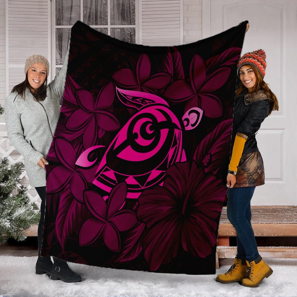Hawaiian Turtle Hibiscus Plumeria Kanaka Polynesian Premium Blankets Pink - Soft Style - AH - Polynesian Pride