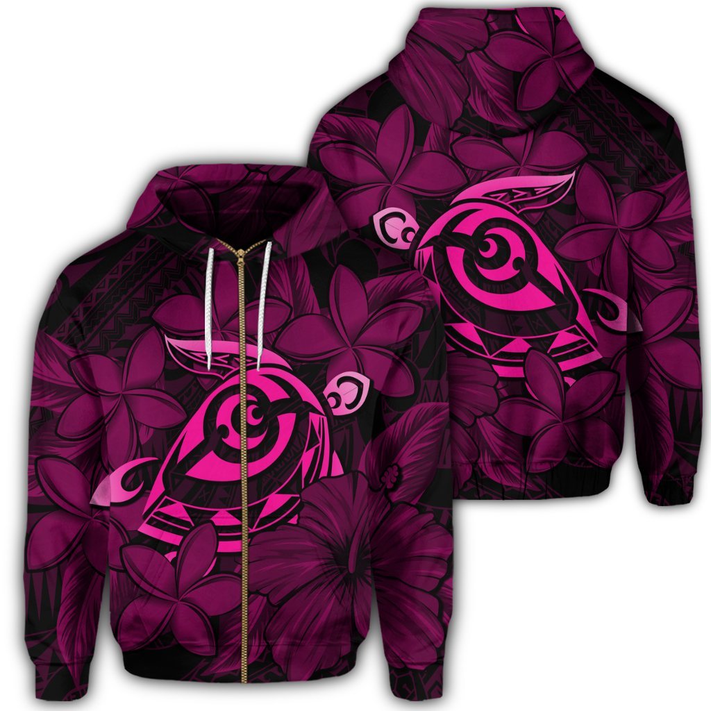 Hawaiian Turtle Hibiscus Plumeria Kanaka Polynesian Zip Hoodie Pink Soft Style Unisex Art - Polynesian Pride