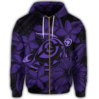 Hawaiian Turtle Hibiscus Plumeria Kanaka Polynesian Zip Hoodie Purple Soft Style - Polynesian Pride