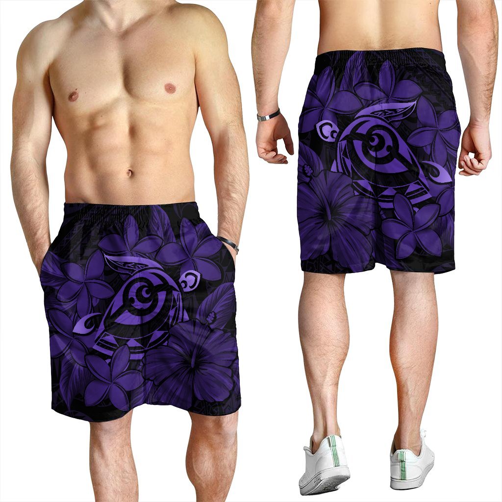 Hawaiian Turtle Hibiscus Plumeria Kanaka Polynesian Men's Shorts Purple - Soft Style - AH - Polynesian Pride