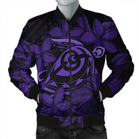 Hawaiian Turtle Hibiscus Plumeria Kanaka Polynesian Bomber Jacket Purple - Soft Style - AH Black Unisex - Polynesian Pride
