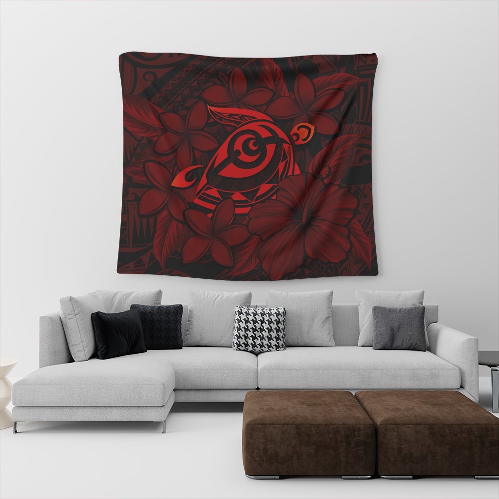 Hawaiian Turtle Hibiscus Plumeria Kanaka Polynesian Tapestry Red - Soft Style - AH - Polynesian Pride