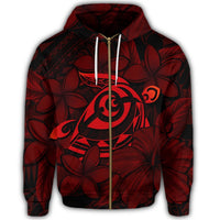 Hawaiian Turtle Hibiscus Plumeria Kanaka Polynesian Zip Hoodie Red Soft Style - Polynesian Pride