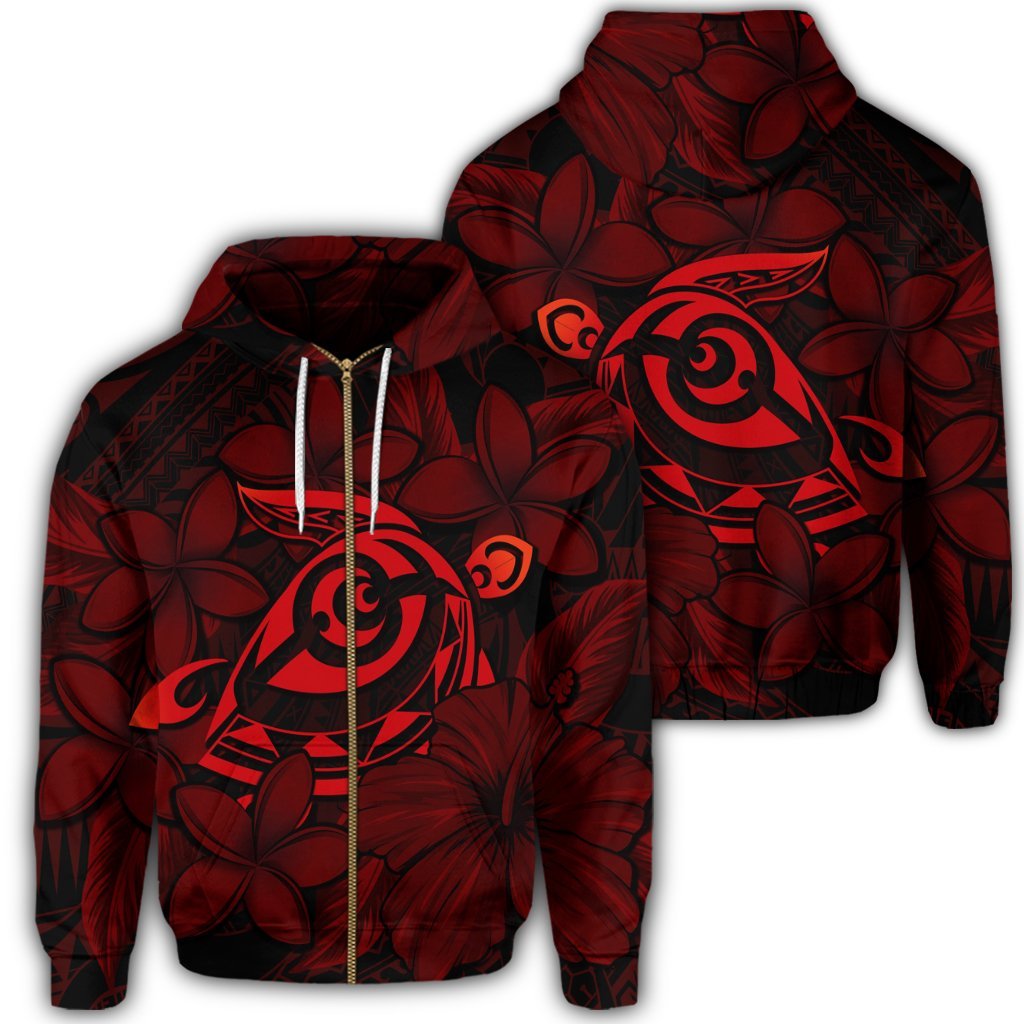 Hawaiian Turtle Hibiscus Plumeria Kanaka Polynesian Zip Hoodie Red Soft Style Unisex Art - Polynesian Pride