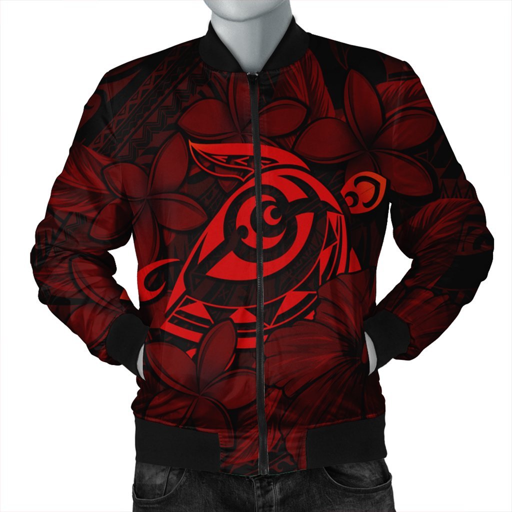 Hawaiian Turtle Hibiscus Plumeria Kanaka Polynesian Bomber Jacket Red - Soft Style - AH Black Unisex - Polynesian Pride