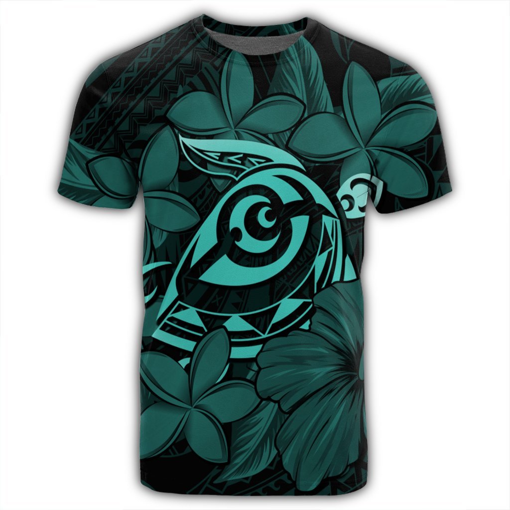 Hawaiian Turtle Hibiscus Plumeria Kanaka Polynesian T Shirt Turquoise Soft Style AH - Polynesian Pride