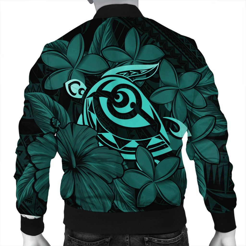 Hawaiian Turtle Hibiscus Plumeria Kanaka Polynesian Bomber Jacket Turquoise - Soft Style - AH - Polynesian Pride