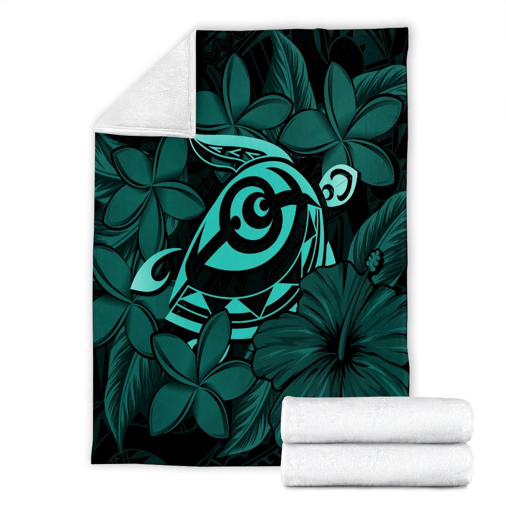 Hawaiian Turtle Hibiscus Plumeria Kanaka Polynesian Premium Blankets Turquoise - Soft Style - AH - Polynesian Pride