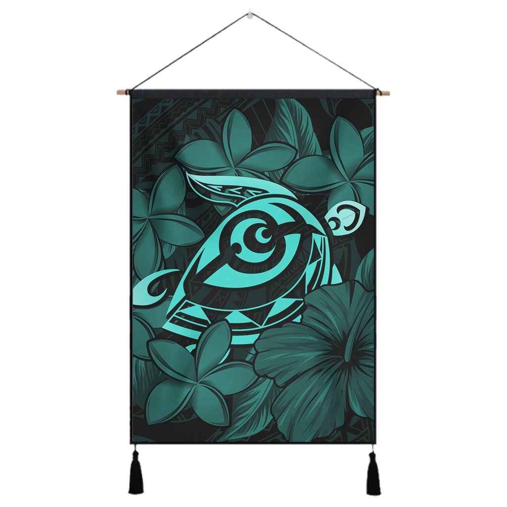 Hawaiian Turtle Hibiscus Plumeria Kanaka Polynesian Hanging Poster Turquoise - Soft Style - AH Hanging Poster Cotton And Linen - Polynesian Pride