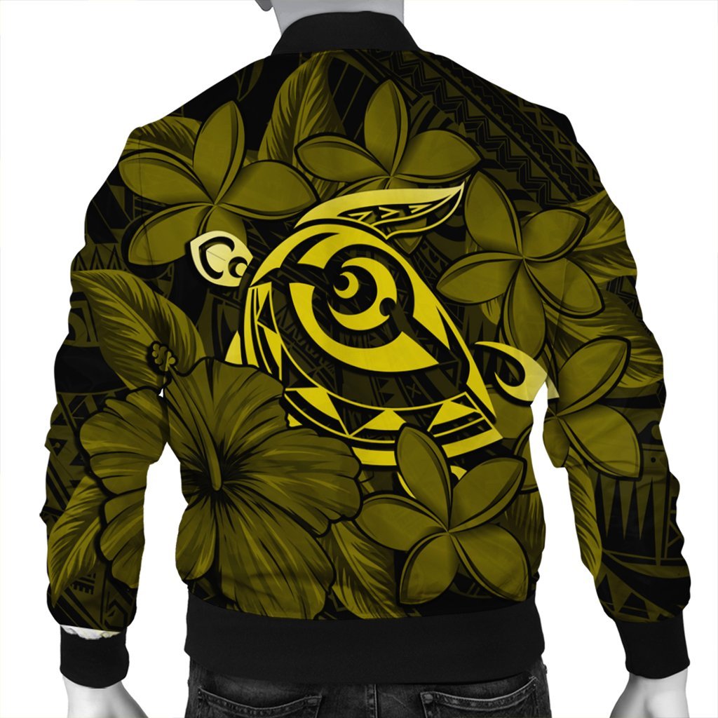 Hawaiian Turtle Hibiscus Plumeria Kanaka Polynesian Bomber Jacket Yellow - Soft Style - AH - Polynesian Pride