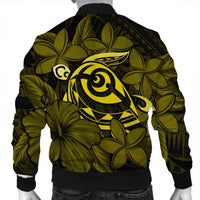 Hawaiian Turtle Hibiscus Plumeria Kanaka Polynesian Bomber Jacket Yellow - Soft Style - AH - Polynesian Pride