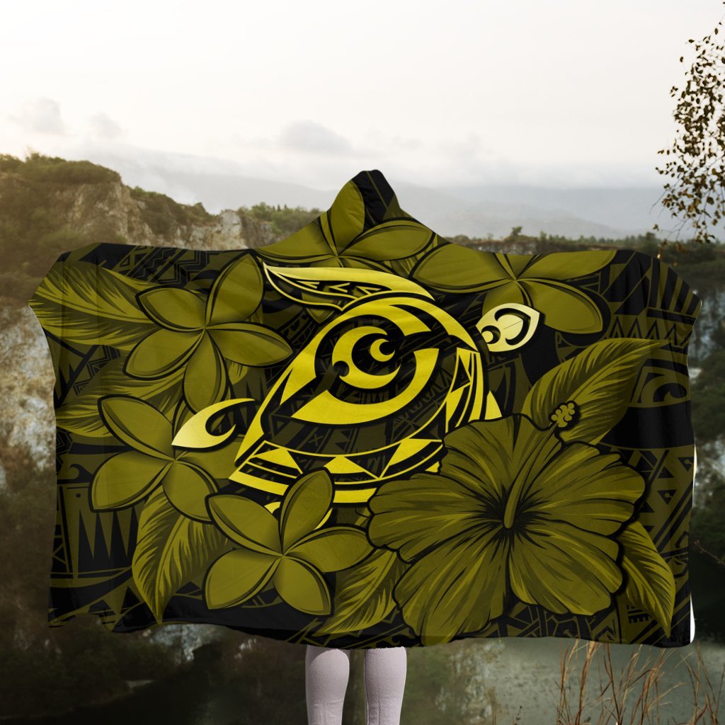 Hawaiian Turtle Hibiscus Plumeria Kanaka Polynesian Hooded Blanket Yellow - Soft Style - AH - Polynesian Pride