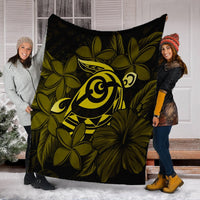 Hawaiian Turtle Hibiscus Plumeria Kanaka Polynesian Premium Blankets Yellow - Soft Style - AH - Polynesian Pride