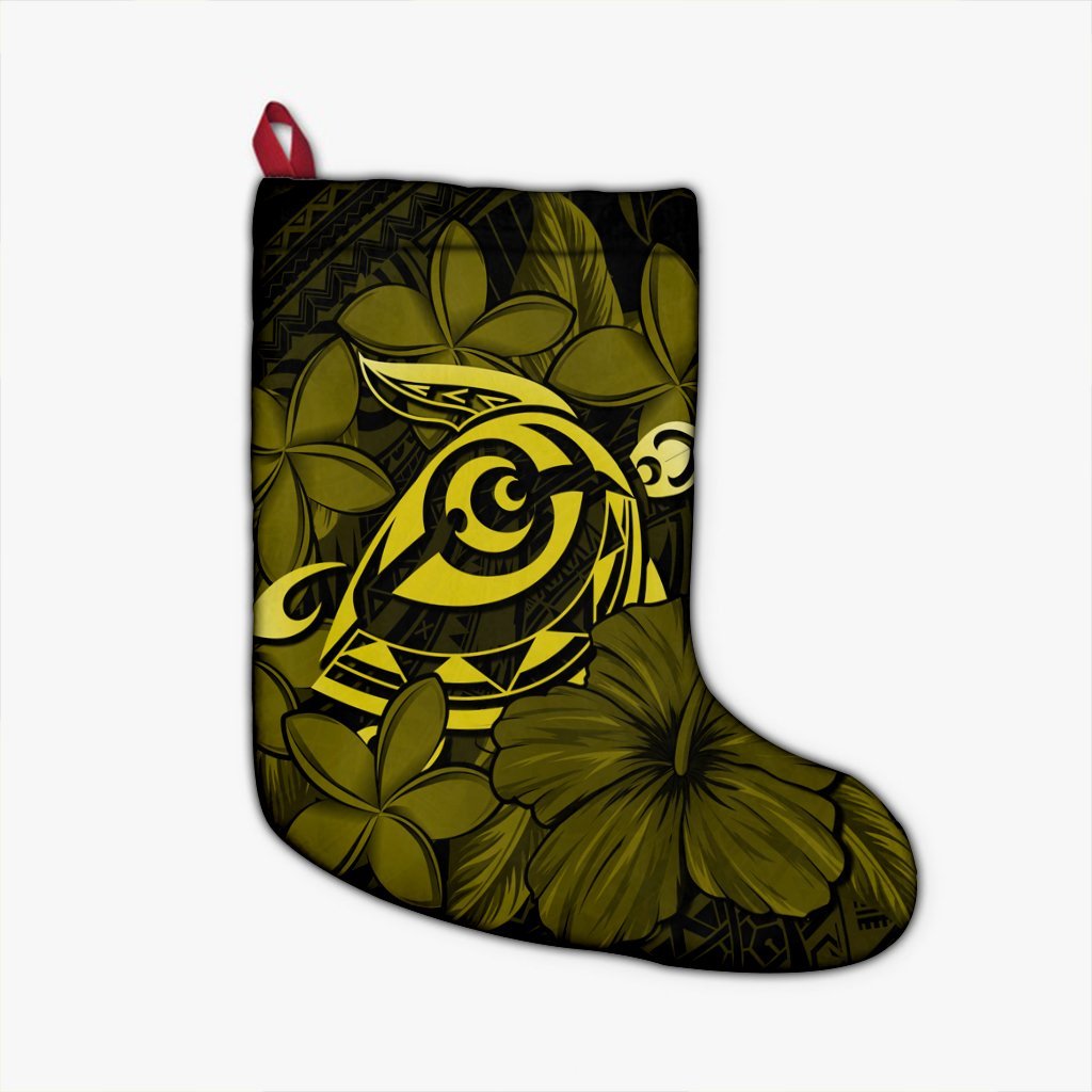 Hawaiian Turtle Hibiscus Plumeria Kanaka Polynesian Christmas Stocking Yellow - Soft Style - AH Christmas Stocking 26 X 42 cm Black - Polynesian Pride