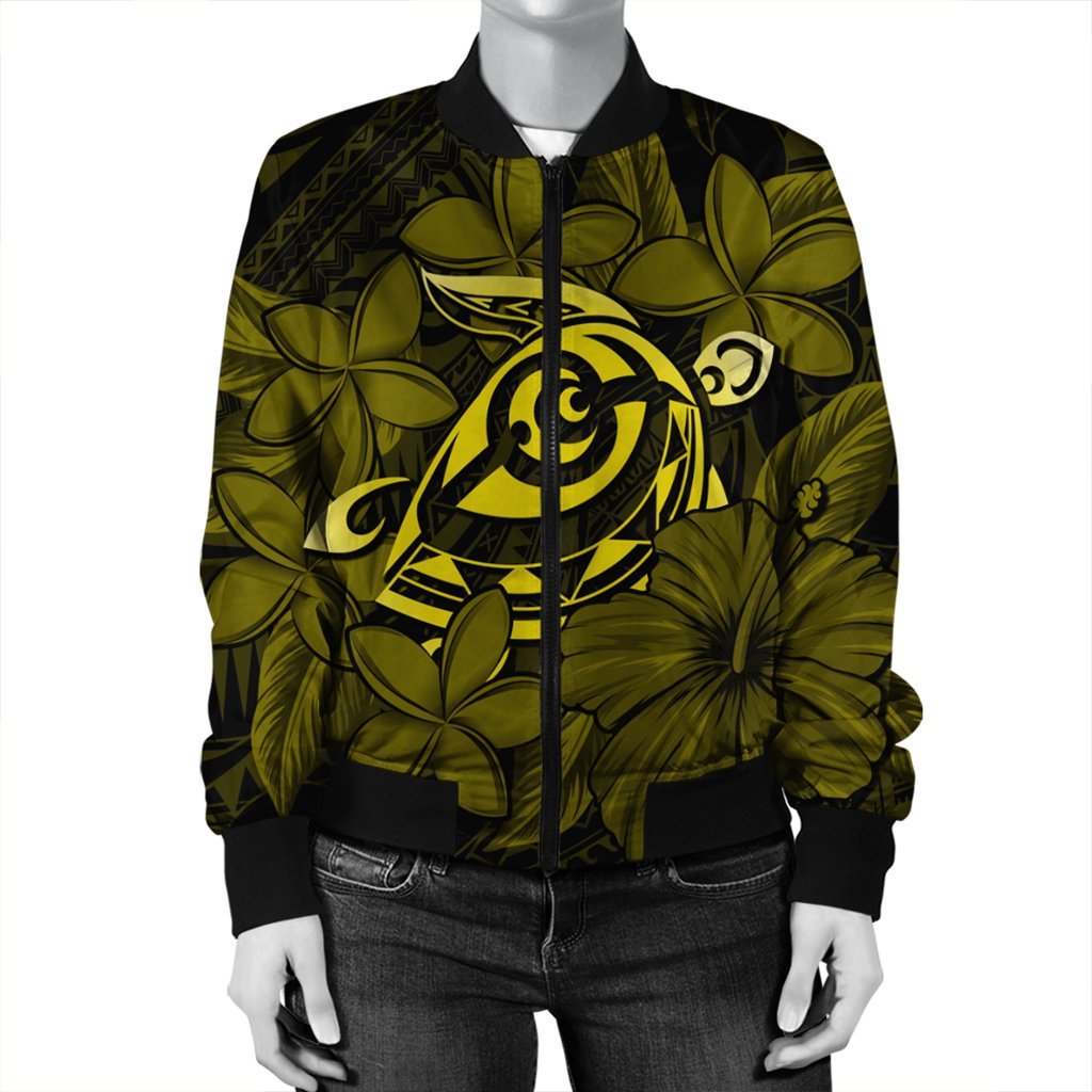 Hawaiian Turtle Hibiscus Plumeria Kanaka Polynesian Bomber Jacket Yellow - Soft Style - AH - Polynesian Pride