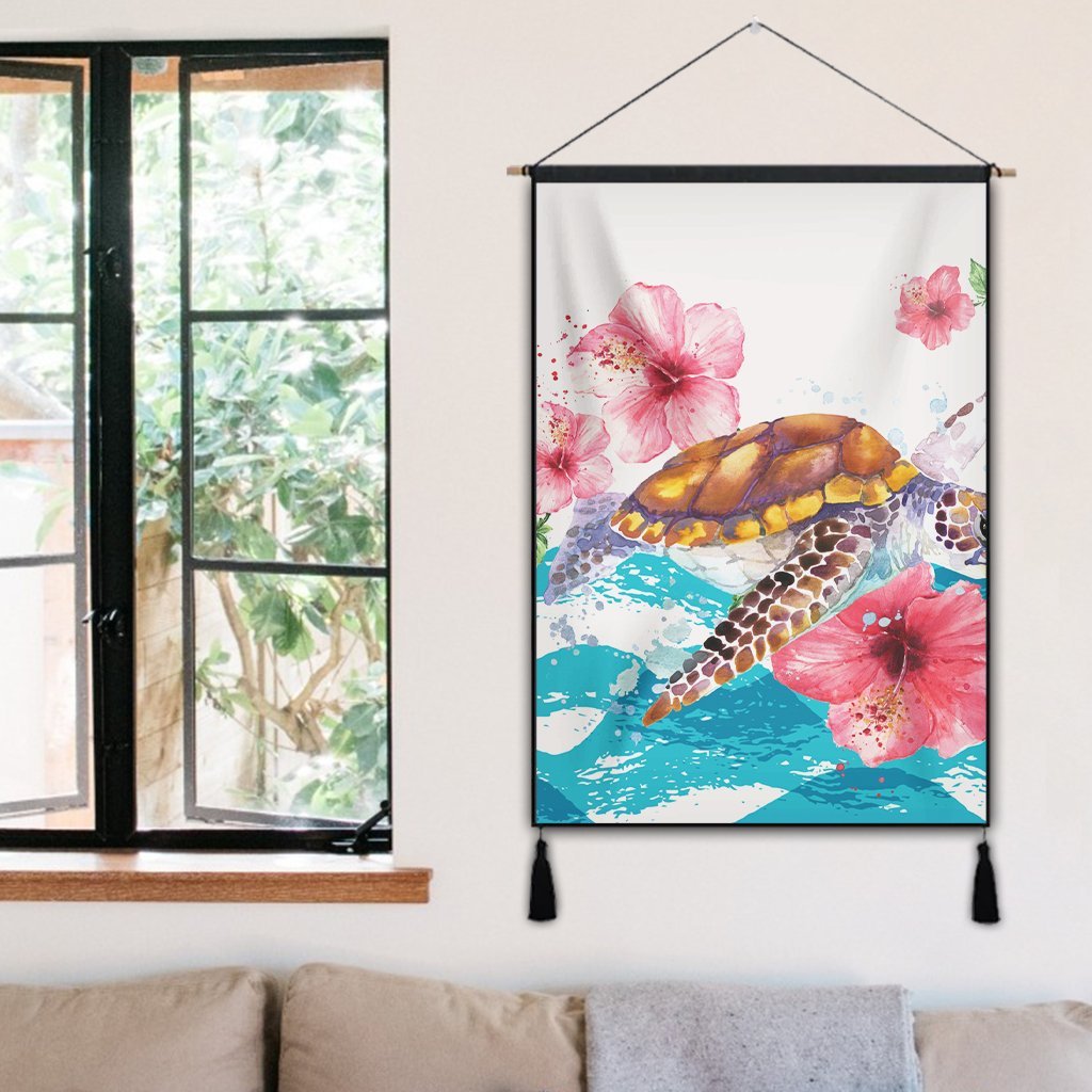 Hawaiian Turtle Hibiscus Waves Polynesian Hanging Poster - AH - Polynesian Pride