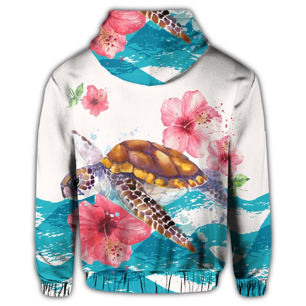 Hawaiian Turtle Hibiscus Waves Polynesian Zip Hoodie - Polynesian Pride